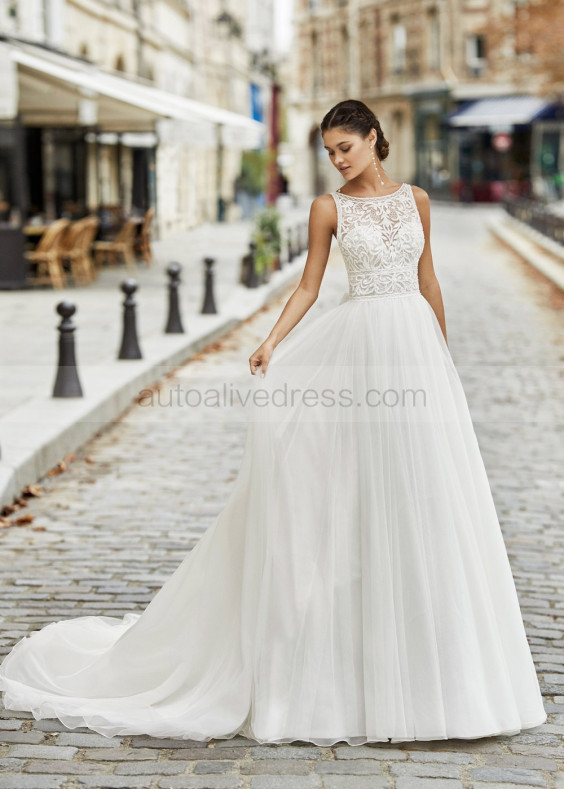 Beaded Ivory Lace Tulle Open Back Elegant Wedding Dress